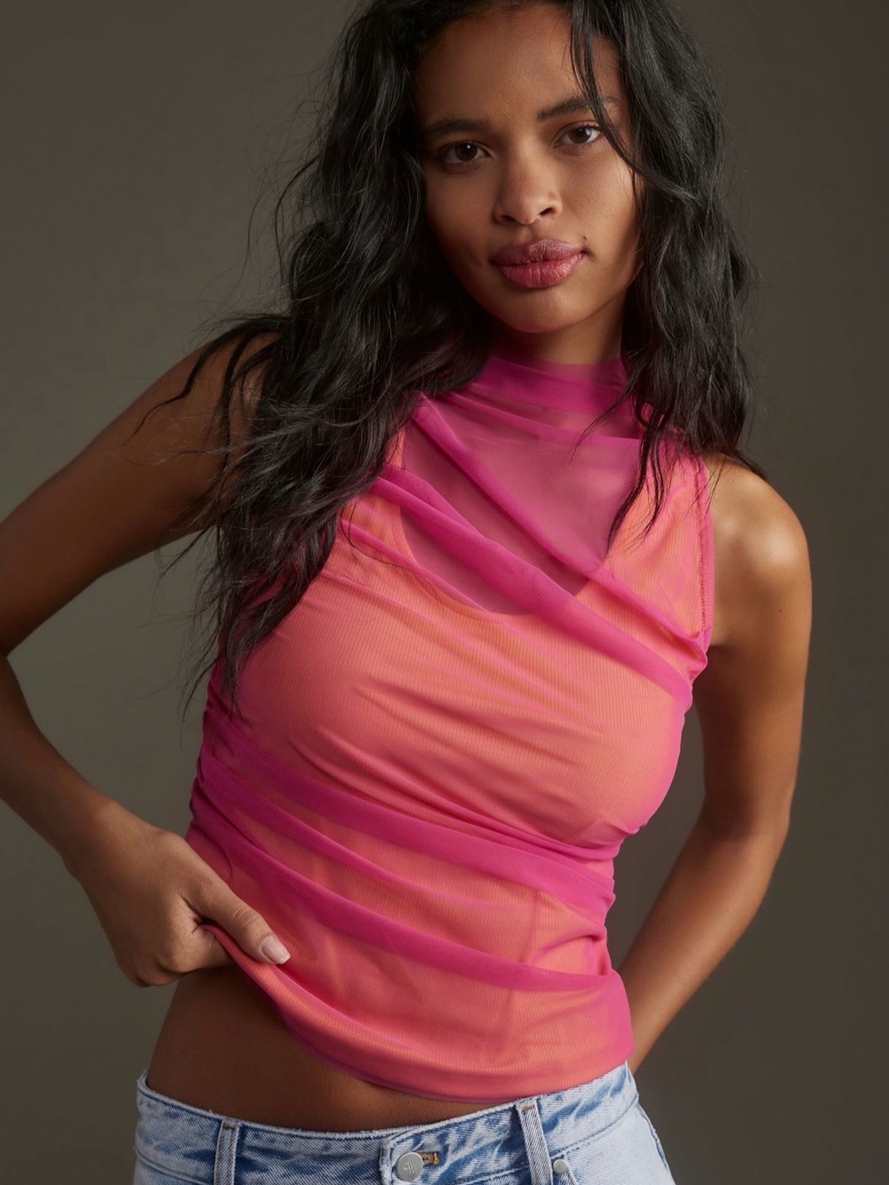 ANTHROPOLOGIE Draped Mesh Ruched Tank Top Pink Orange Y2K M